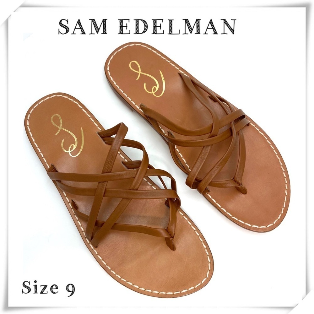SAM Edelman Marinea Woven Leather Strap Flats Mule Sandal in Saddle Tan Size 9